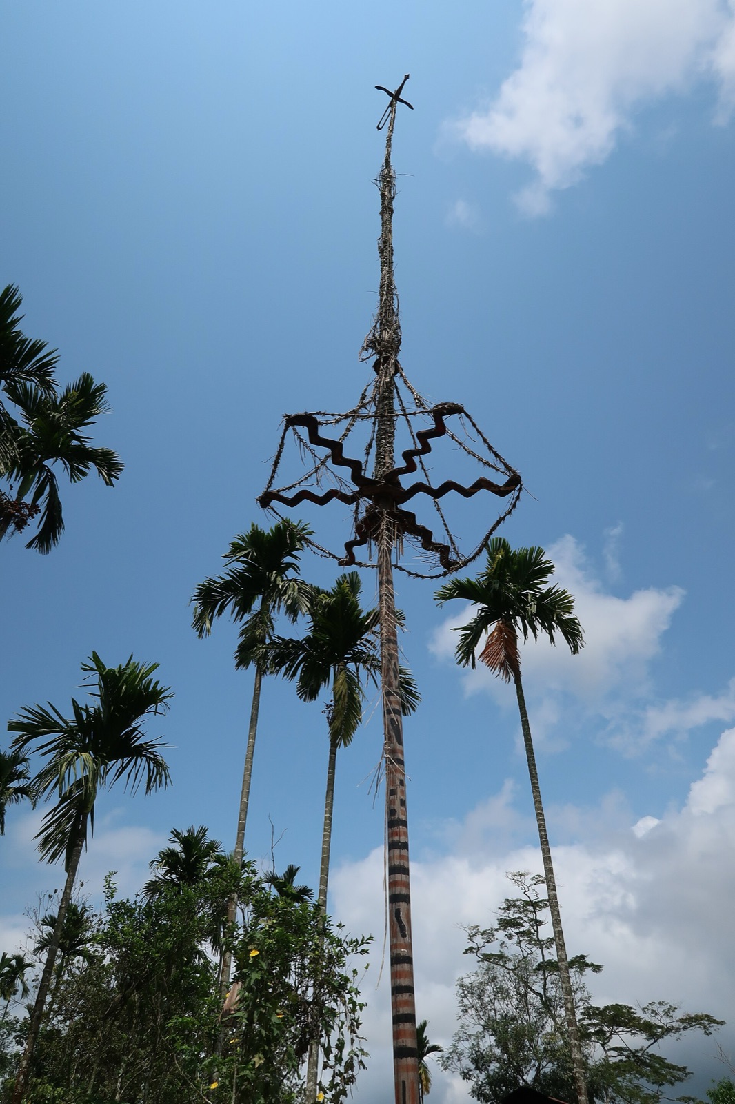 A tall bamboo ceremonial neu pole of the Ca Dong people against a blue sky in Bac Tra My