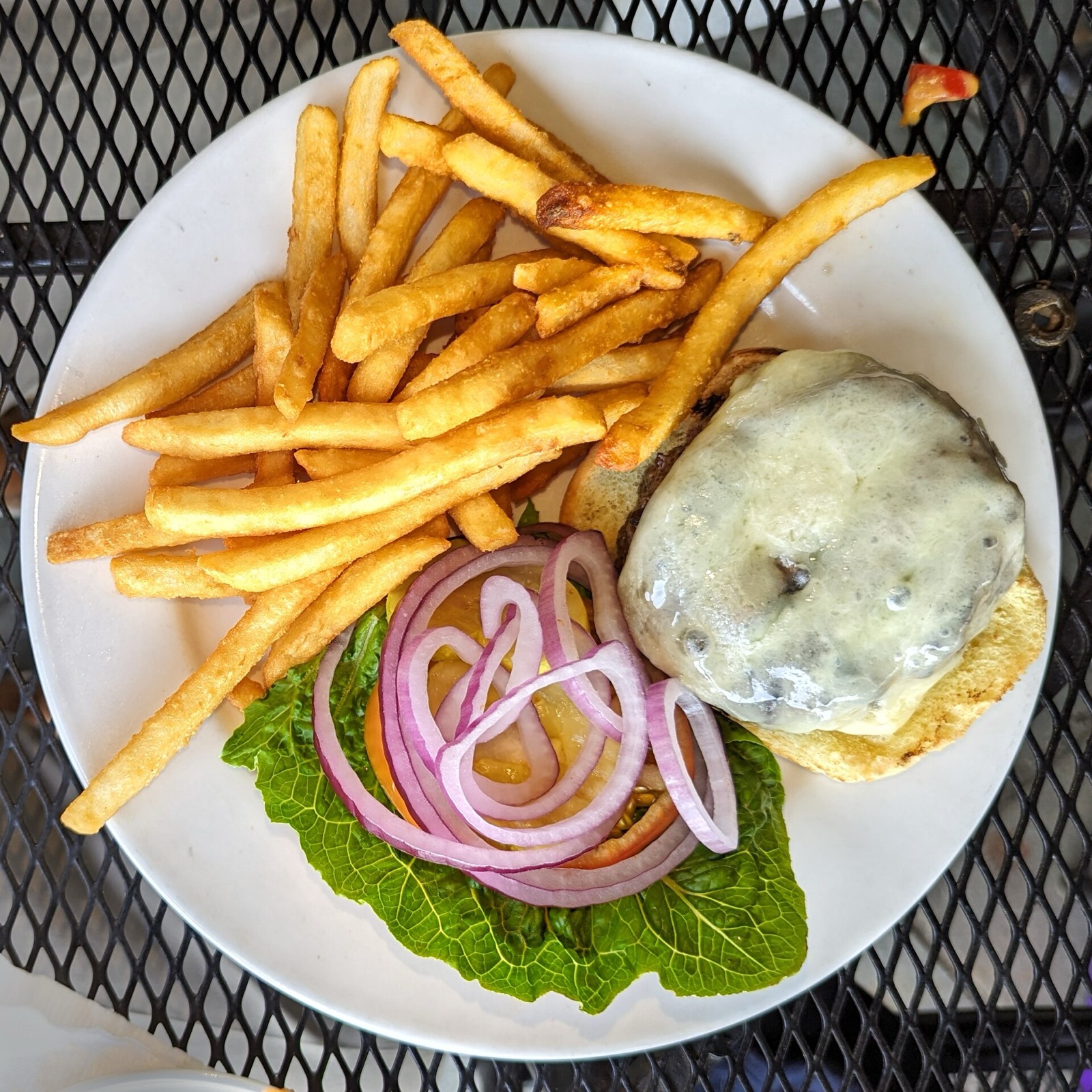 A cheeseburger with melted cheese on a plate with french fries, lettuce, tomato and onion