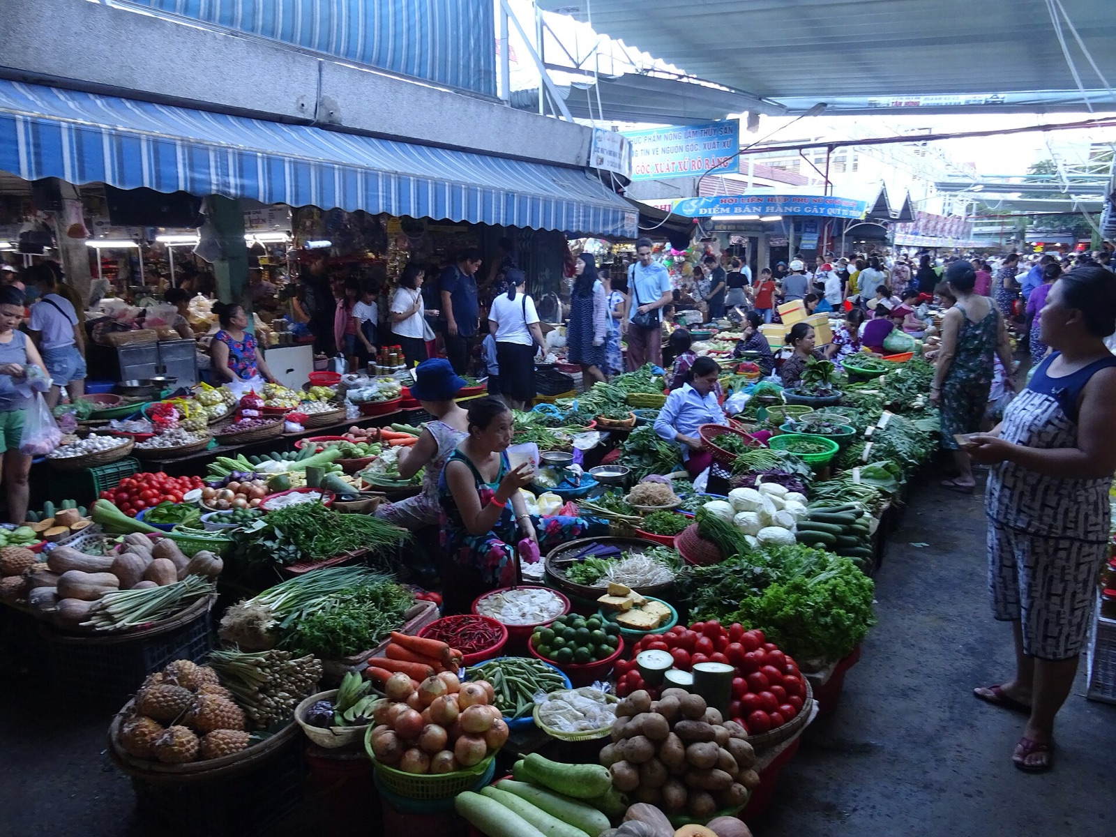 Shoppers walking past stalls piled with vegetables, herbs, tomatoes and fruit under awnings at Con Market in Da Nang