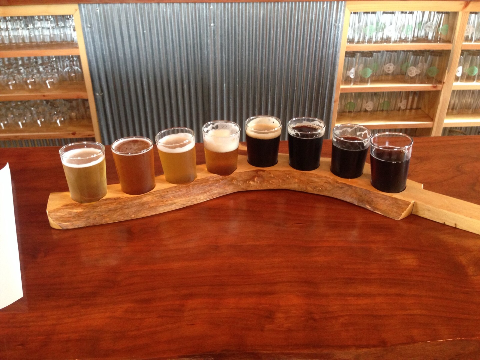 A row of small tasting glasses of craft beer, from pale gold to near black, on a wooden paddle on a bar counter