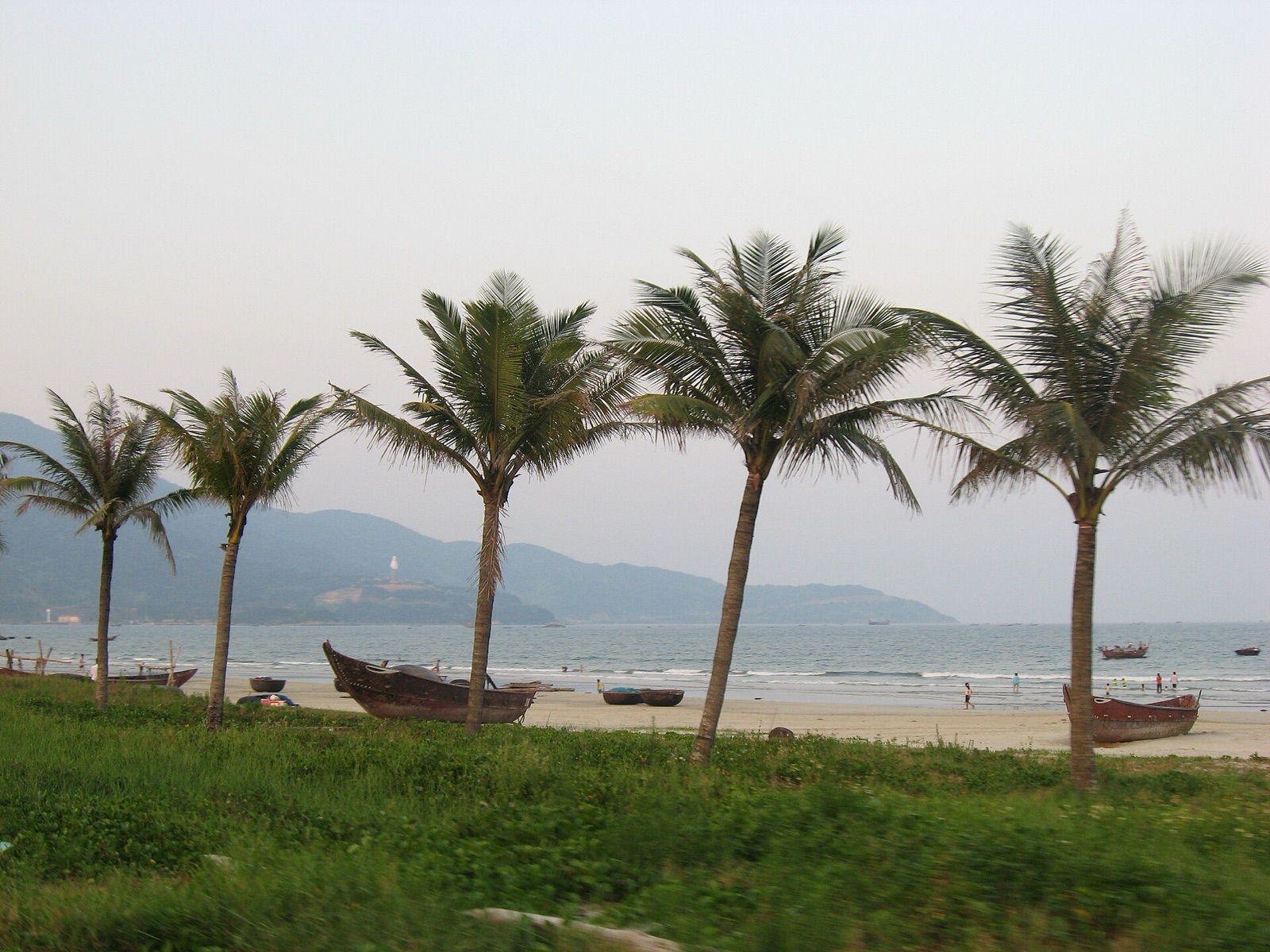 Coconut palms on a grassy strip above a sandy Da Nang beach, with a wooden boat on the sand and hills across the bay
