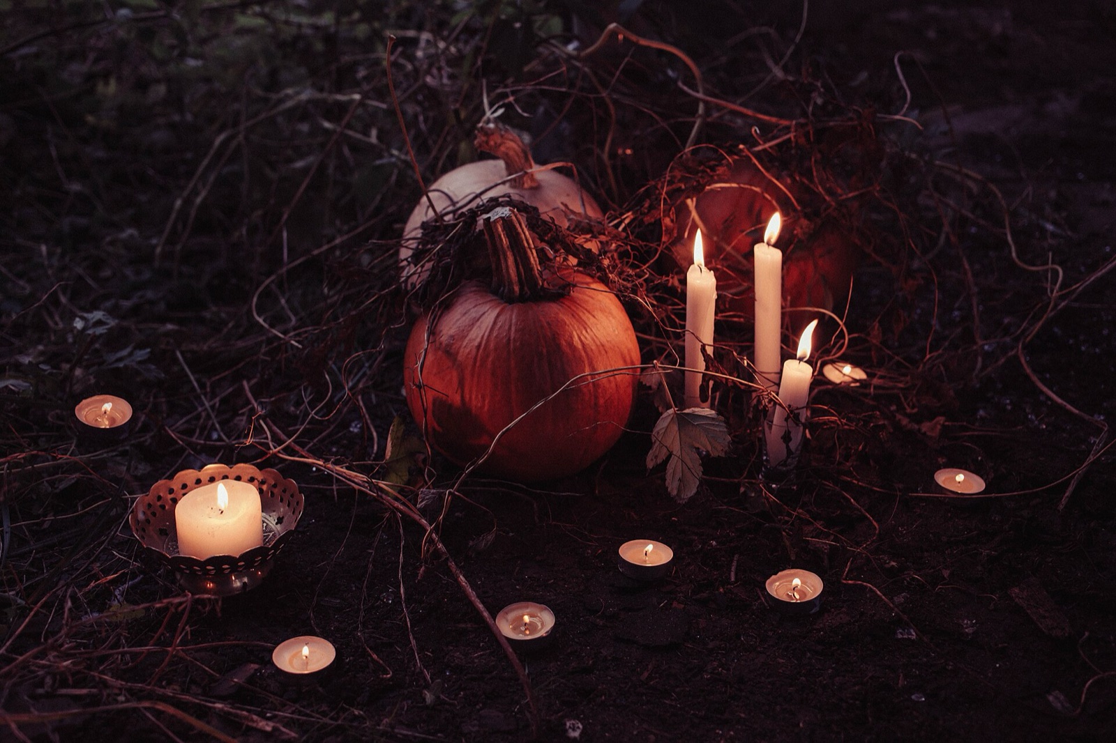 Orange pumpkins and lit white candles arranged among dry branches and small tea lights on dark ground at dusk