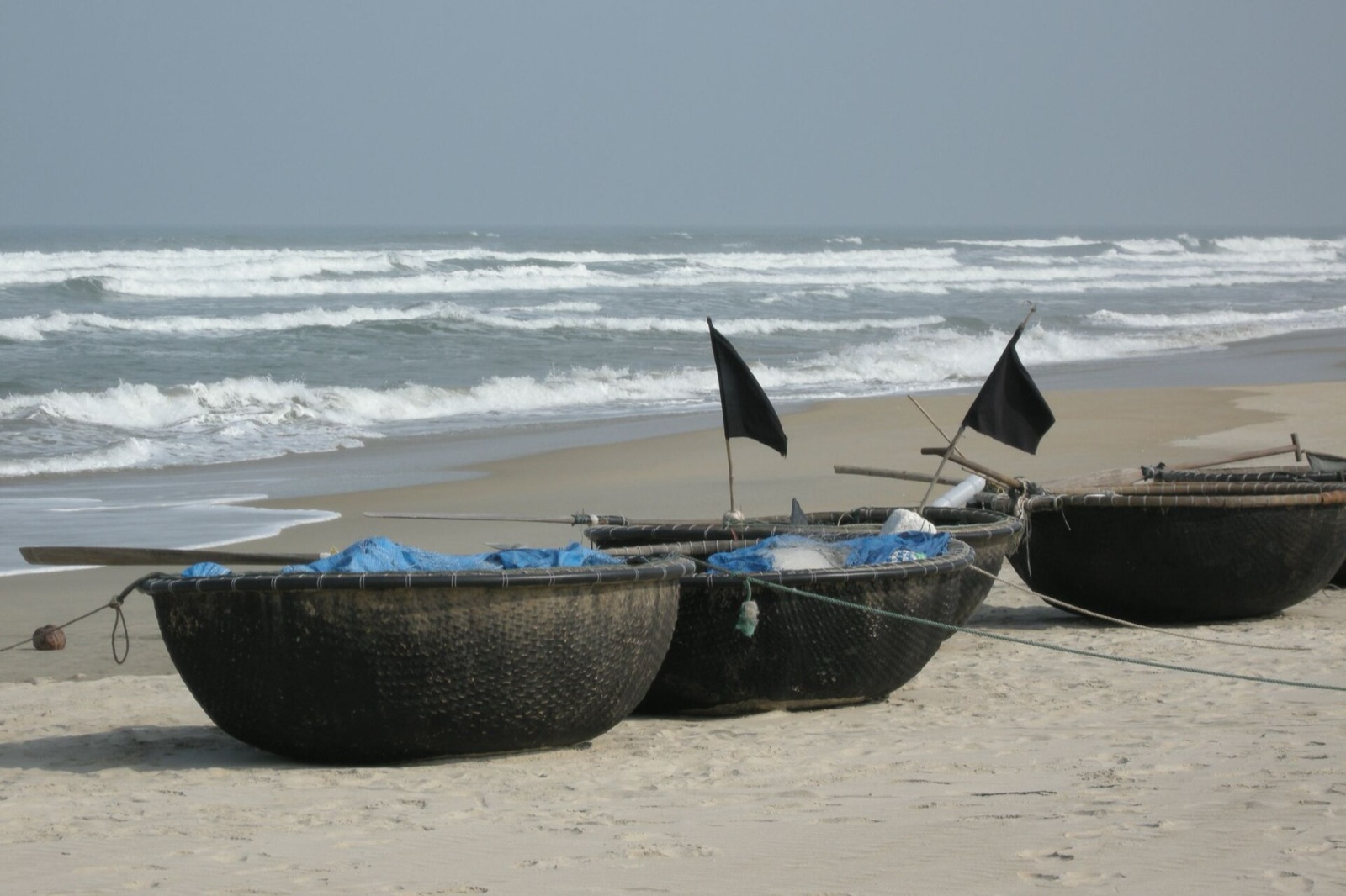 Round woven basket boats pulled up on a sandy beach with the sea behind them