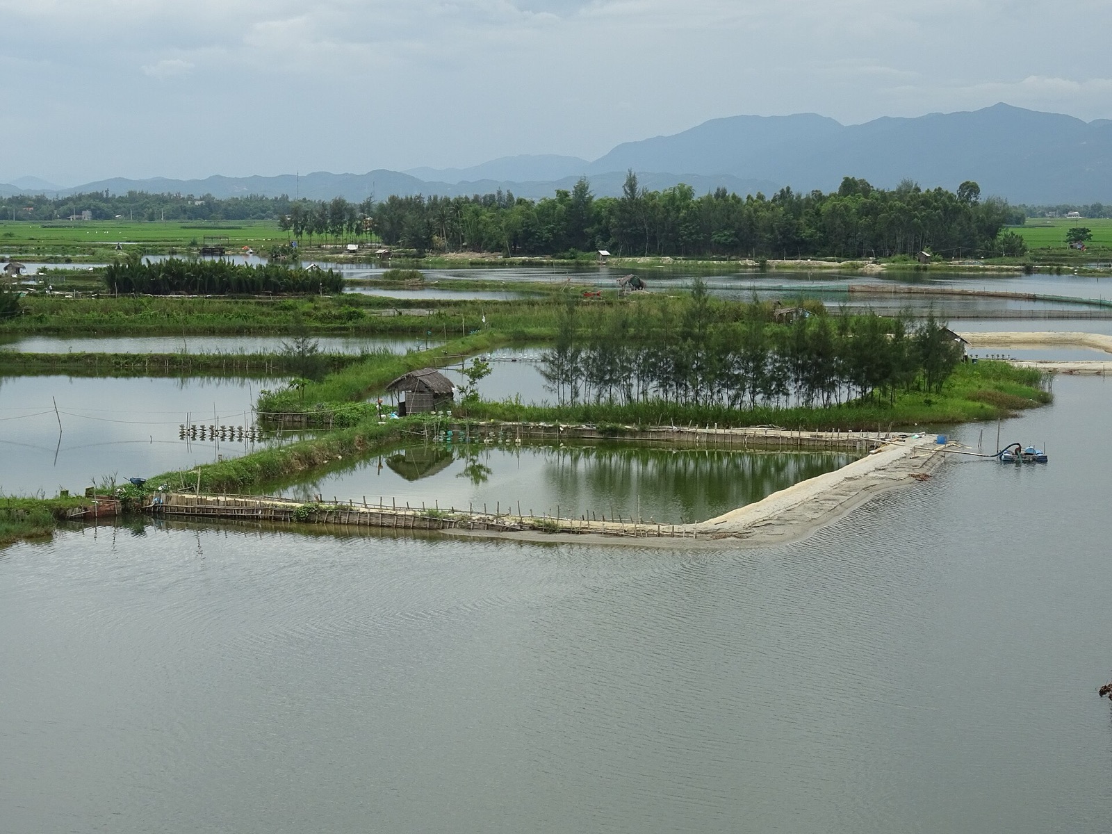 Wide, still water of the Truong Giang River with low green banks and fish ponds under a grey sky